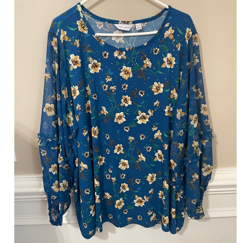 Susan Graver 3X Liquid Knit Floral Rhinestone Top Blue Chiffon Ruffle Sleeve